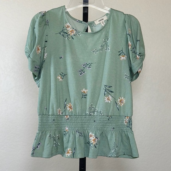 Cottagecore Sage Green Floral Puff Sleeve Feminine Stretch Blouse Romantic Top - Picture 1 of 11